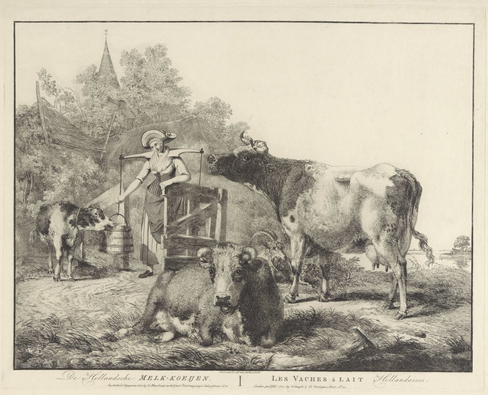 Køer og en malkepige De Hollandsche Melk-koeijen/ Les vaches â lait hollandaises (titel på objekt) af Pieter Gerardus van Os