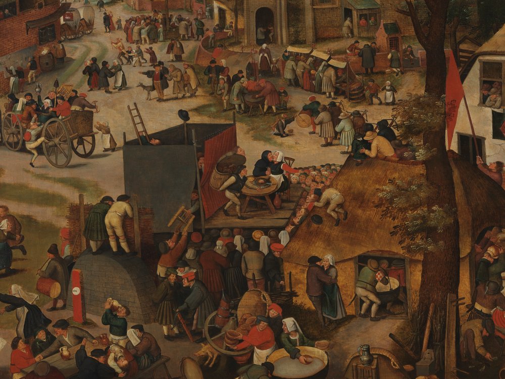 En landsbyfest med en teaterforestilling og en procession til ære for Sankt Hubert og Sankt Antonius af Pieter Brueghel the Younger