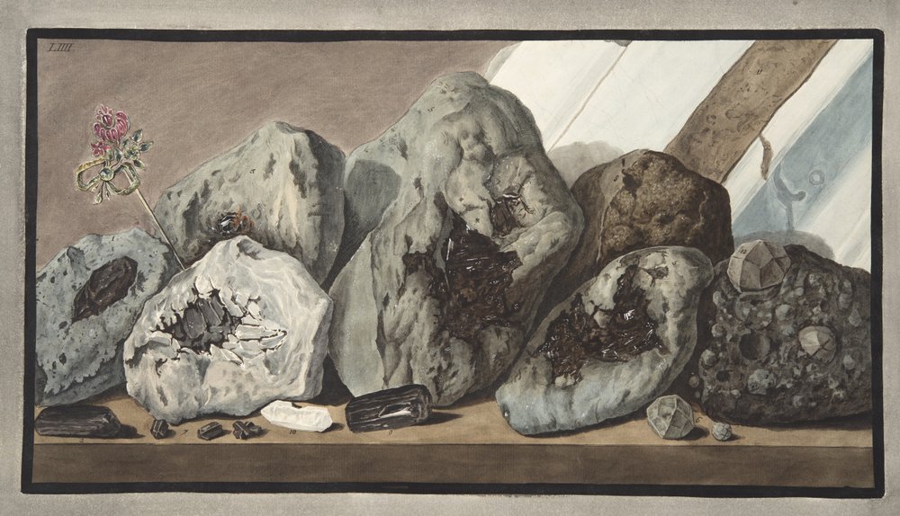 Krystalsten kaldet Gems of Mount Vesuvius, plade LIIIIII, fra "Campi Phlegraei: Observations on the Volcanoes of the Two Sicilies", af Sir William Hamilton (1730-1803), udgivet i 1776 (håndkoloreret). af Pietro Fabris
