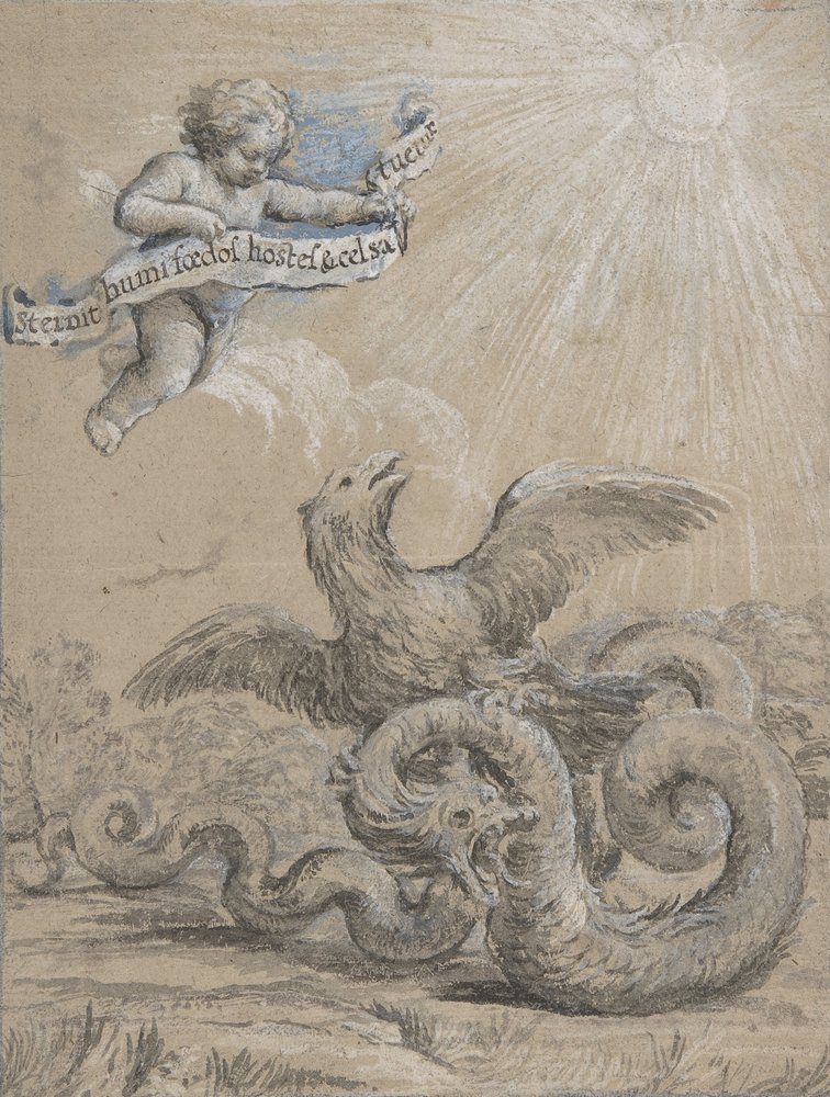 Design med en ørn, der kæmper med en slange og en putto i himlen Holding..., 1600-tallet. af Pietro da Cortona
