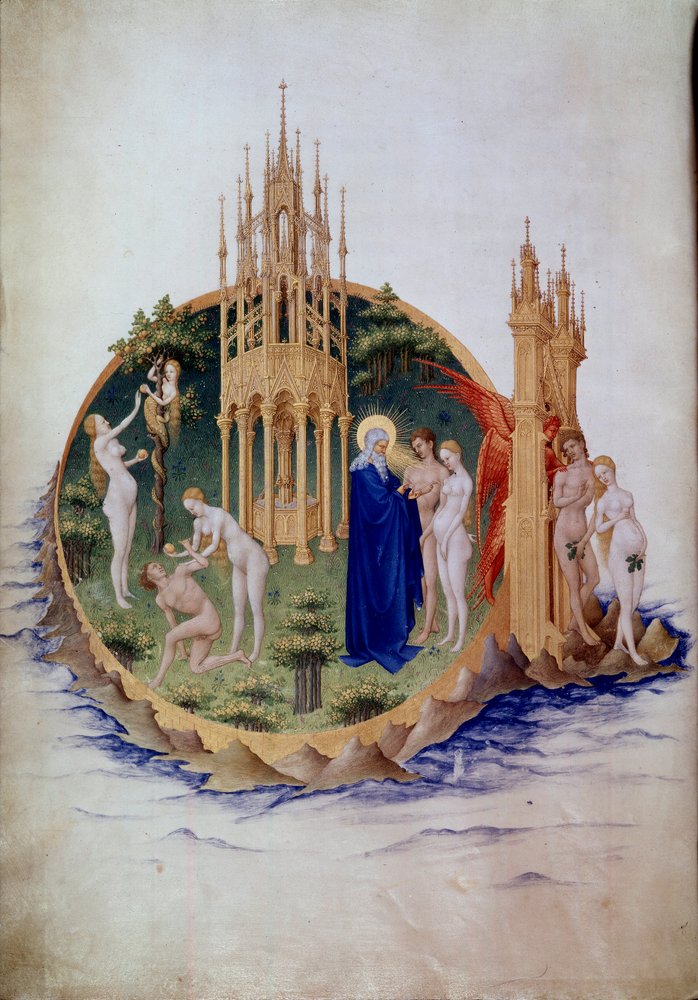 Arvesynden, Adam og Eva fordrevet fra Paradis. Miniature i »Hertugen af Berrys meget rige tidebog« (15. århundrede). Chantilly, Musée Condé af Pol de Limbourg