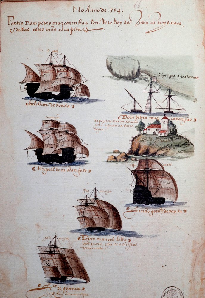 Manuskriptside »Minder om Portugals armadaer under kong Manuel I (1469-1521)«, der viser de portugisiske flåder i året 1497. 1500. Lissabon, Nationalmuseet for Ældre Kunst. af Portuguese School