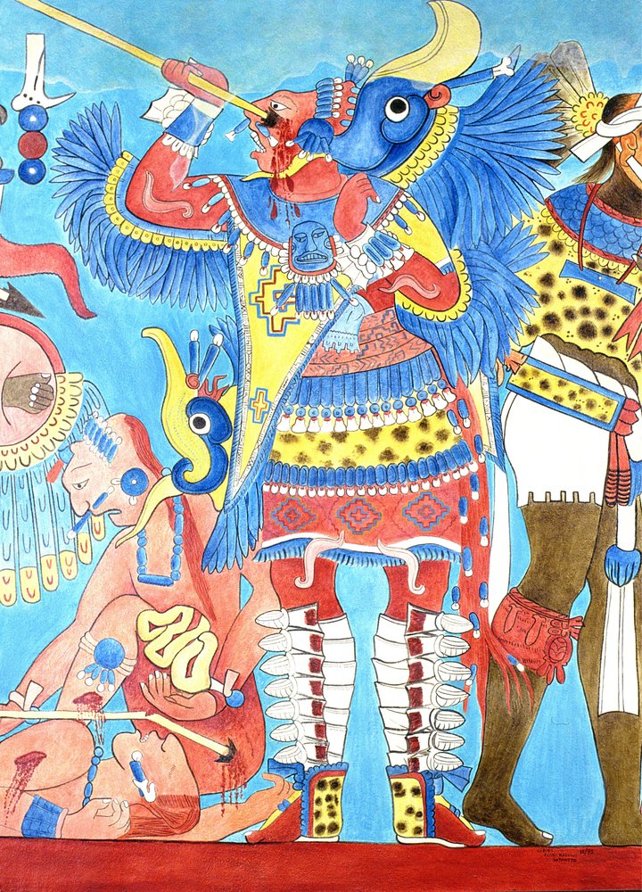 Reproduktion af et vægmaleri i Cacaxtla, Mexico af Pre-Columbian