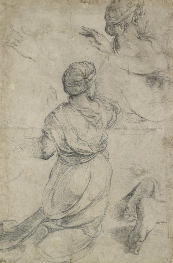 Undersøgelser for to knælende kvinder (sort kridt) af Raffaello Sanzio Raphael