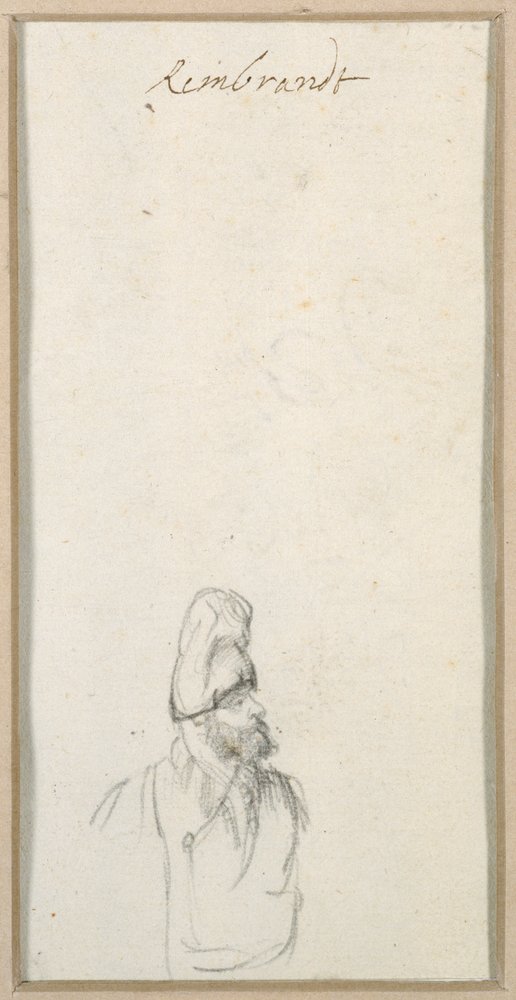 Skægget mand i profil, i høj kasket, ca. 1640 (sort kridt på papir) af Rembrandt Harmensz. van Rijn