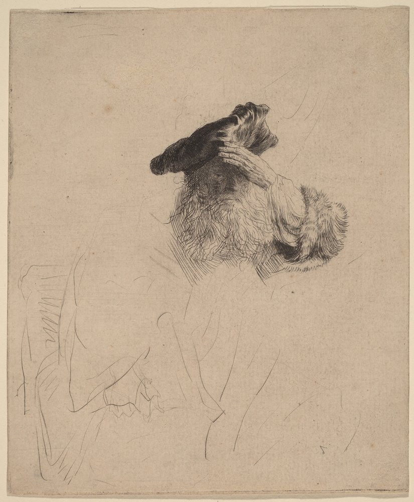 Gammel mand, der skærmer sine øjne med hånden af Rembrandt van Rijn
