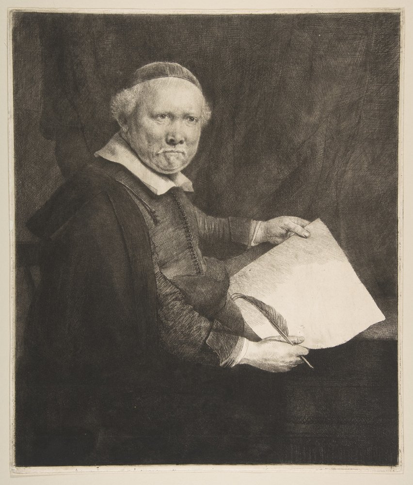 Portræt af Lieven Willemsz van Coppenol, Skrivemester den større plade, 1658. af Rembrandt van Rijn