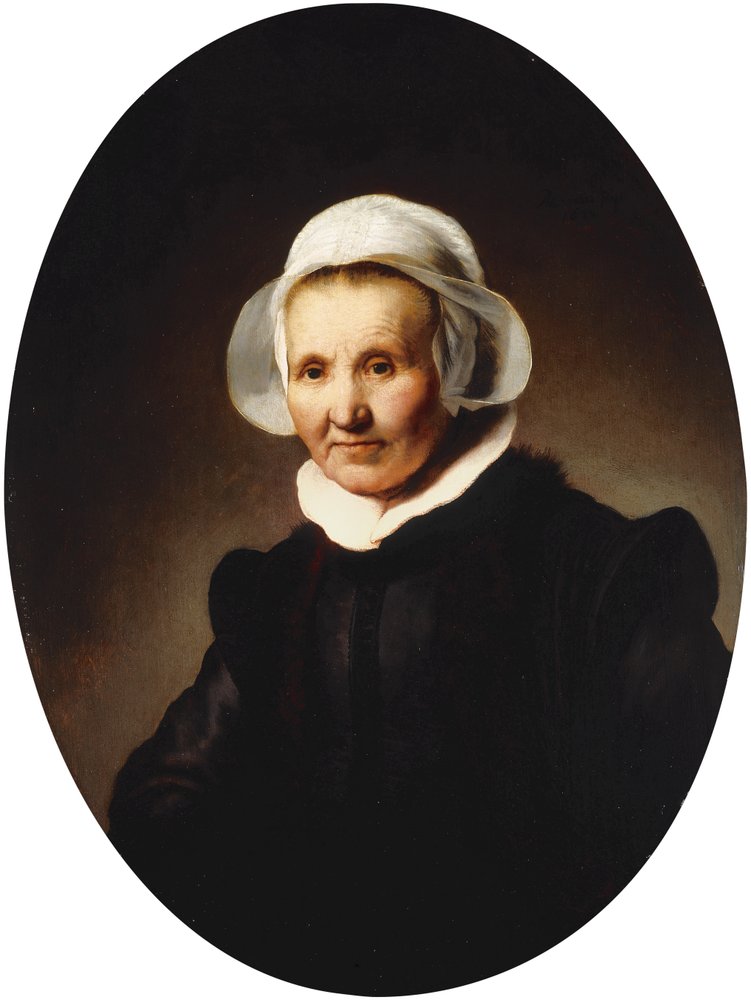 Portræt af en dame, 62 år, muligvis Aeltje Pietersdr. Uylenburgh, hustru til Johannes Cornelisz. Sylvius, halvfigur i sort dragt, 1632 af Rembrandt van Rijn