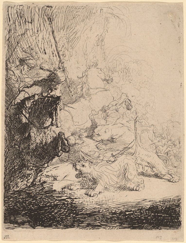 Den lille løvejagt (med to løver) af Rembrandt van Rijn