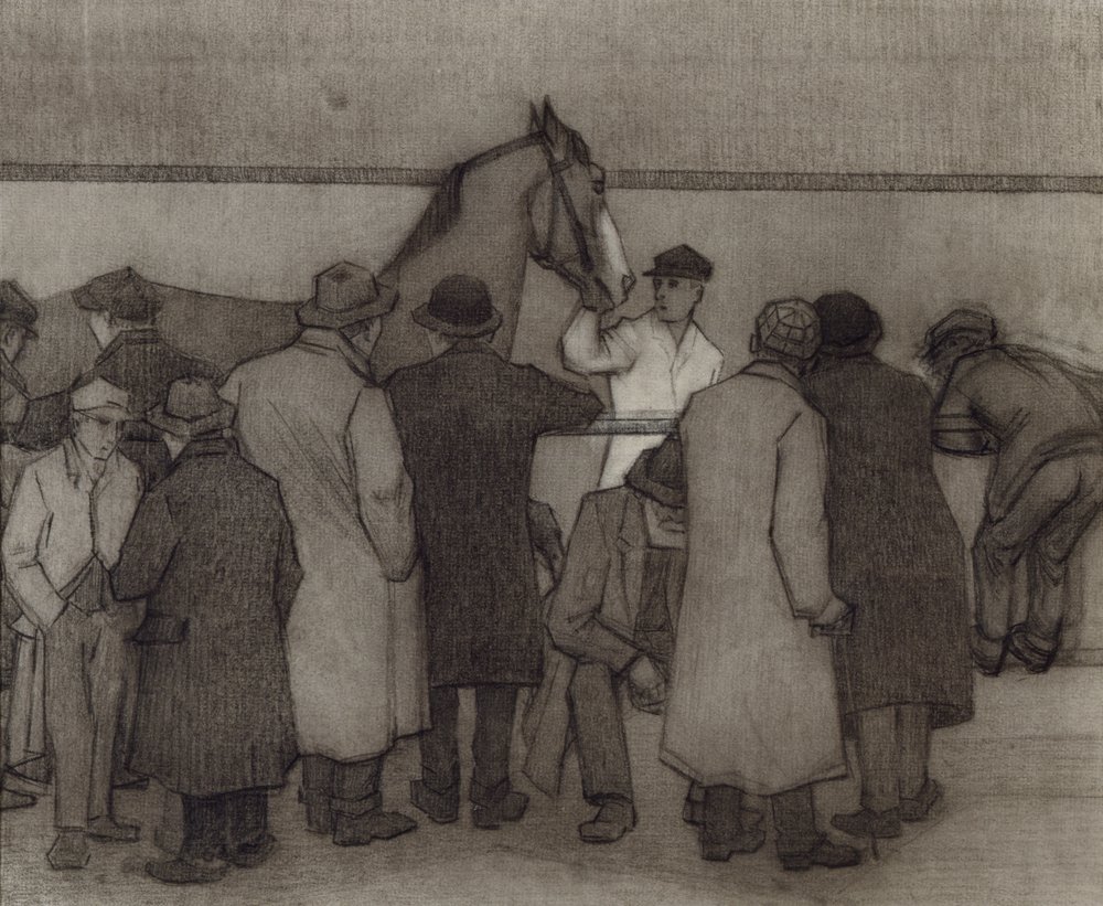 Udsalg på Wards Repository, nr. 2, ca. 1918 (farveblyant og trækul på papir) af Robert Polhill Bevan