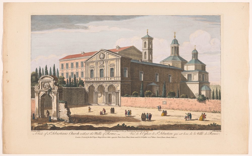Udsigt over Saint Sebastian-kirken uden for murene i Rom En udsigt over St. Sebastians kirke uden Roms mure (titel på objektet) Rom (serietitel) af Robert Sayer