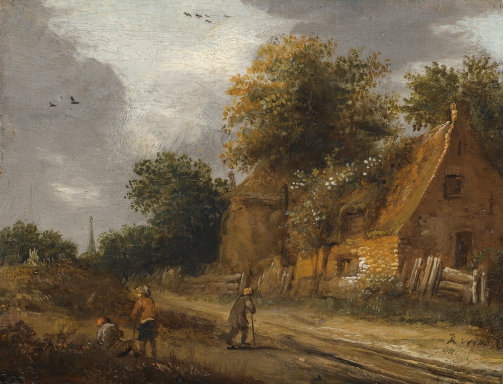 Tre figurer passerer langs en vej foran et sommerhus af Roelof Jansz van Vries