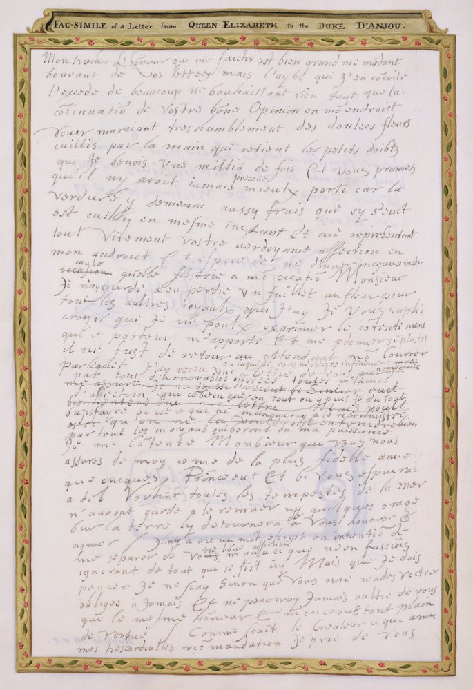 Facsimile af et brev fra Elizabeth I til Francois de Valois, Duc d