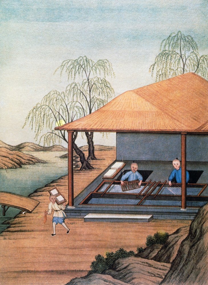 Gammel papirmølle, farvetryk, Kina af School Chinese