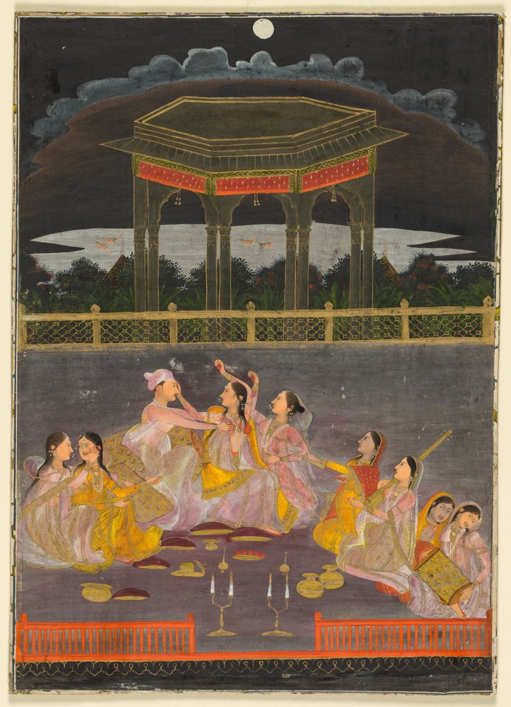 En prins fejrer Holi med paladsets kvinder på en terrasse om aftenen, ca. 1760 (uigennemsigtig akvarel og guld på papir) af School Mughal