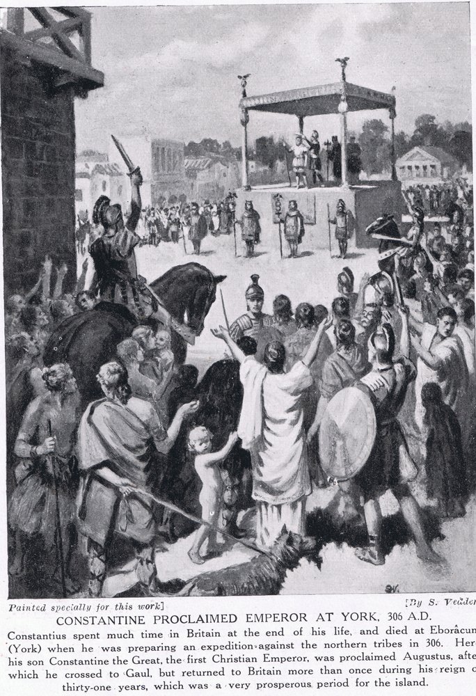 Konstantin udråbt til kejser i York, 306 e.Kr., illustration fra "Hutchinson
