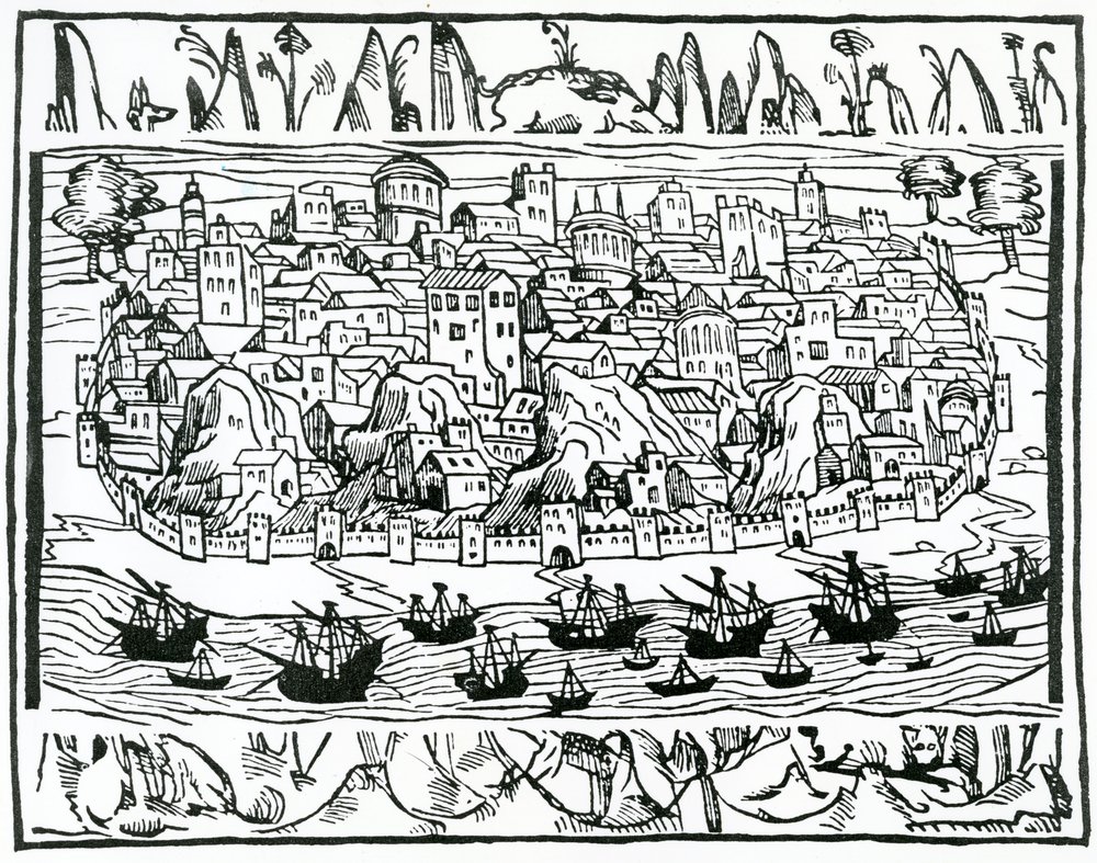 Udsigt over Lissabon fra Libro de Grandezas y cosas Memoralder de Espana af Pedro Medina, 1548 af Spanish School