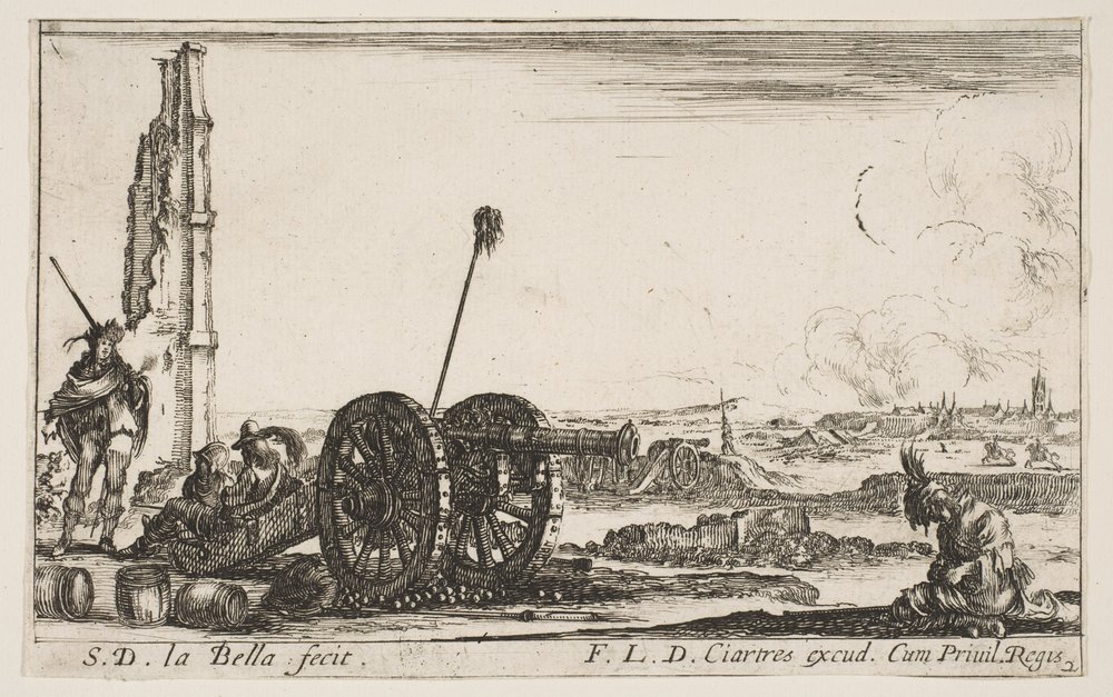 Plade 2: En kanon til venstre, en by i baggrunden, fra Various Military Capric..., ca. 1641. af Stefano della Bella