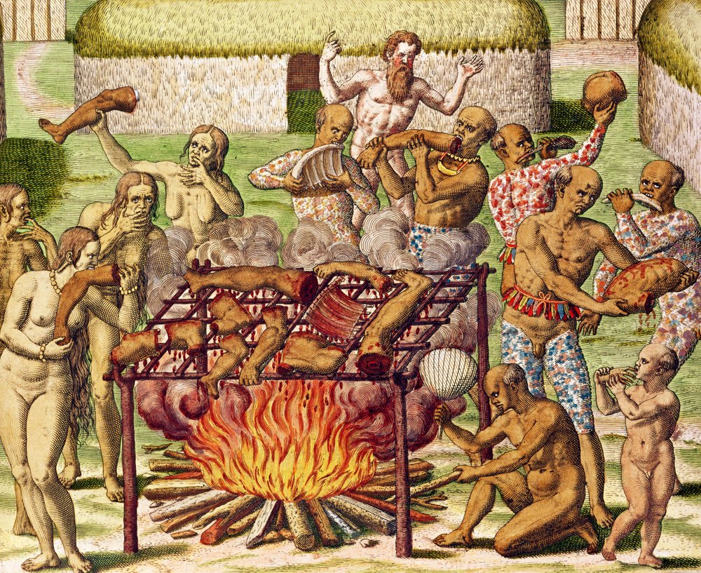 Scene med kannibalisme, fra «Americae Tertia Pars...», 1592 (farvegravure) af Theodore de Bry