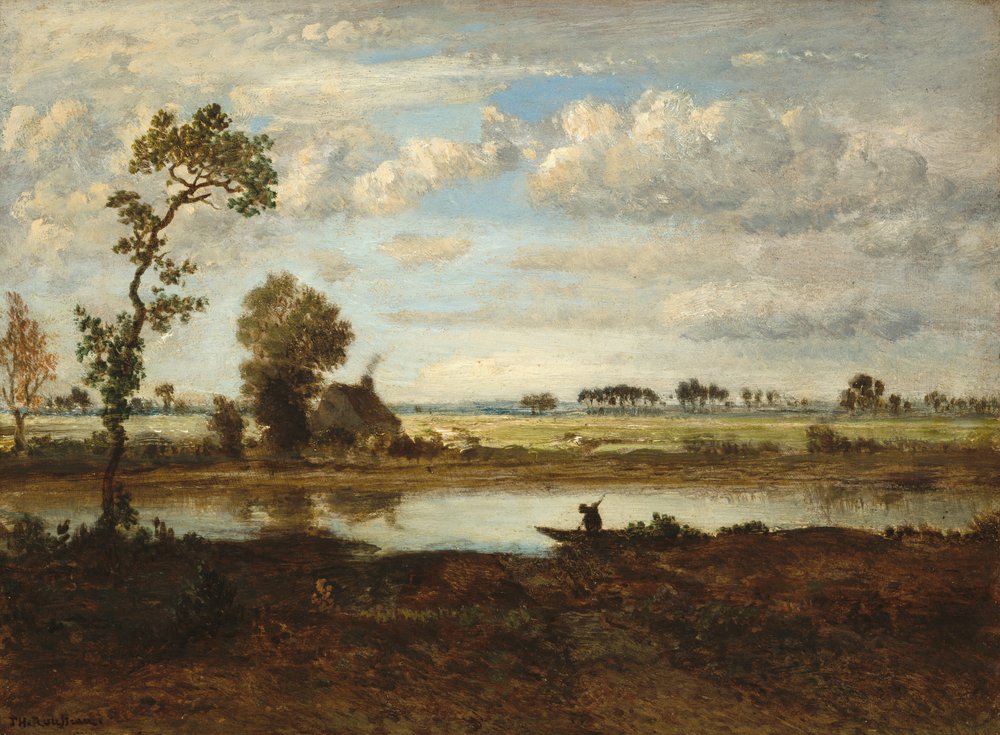 Landskab med bådsmand, ca. 1860 (olie på træ) af Theodore Rousseau