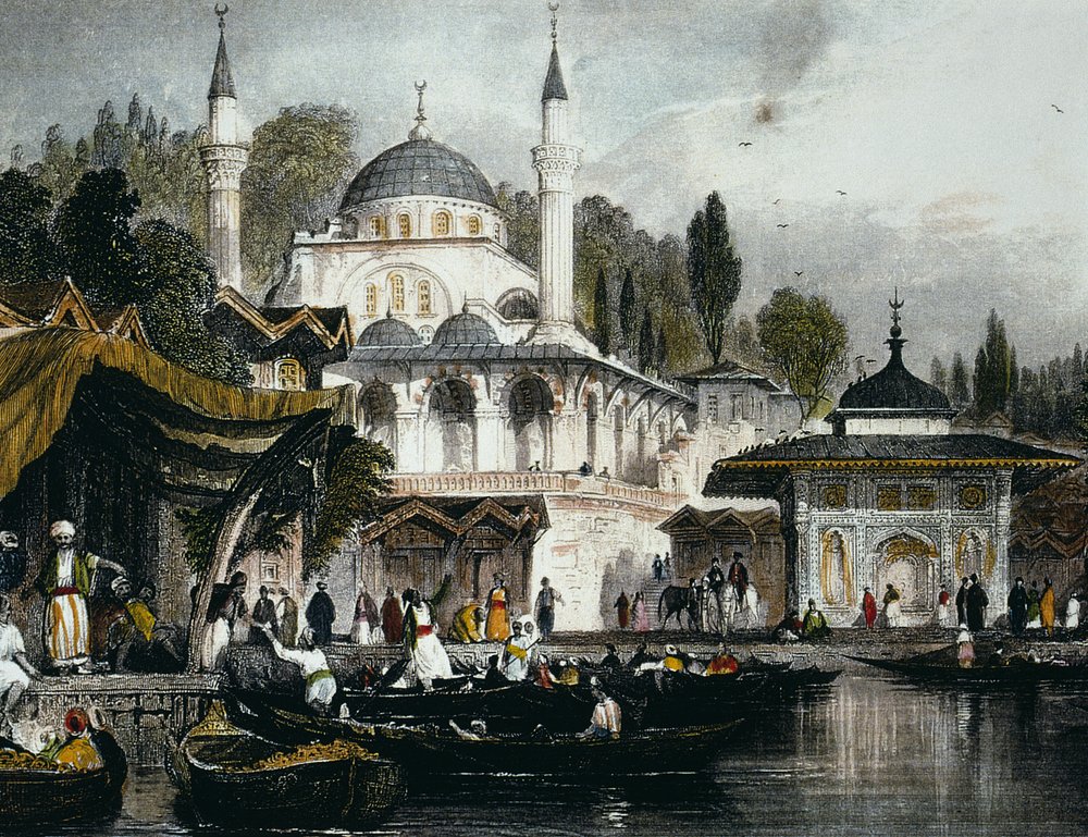 Mihrimah Sultan-moskéen i Üsküdar på den anatolske bred af Bosporus, over for Istanbul, 1839 af Thomas Allom