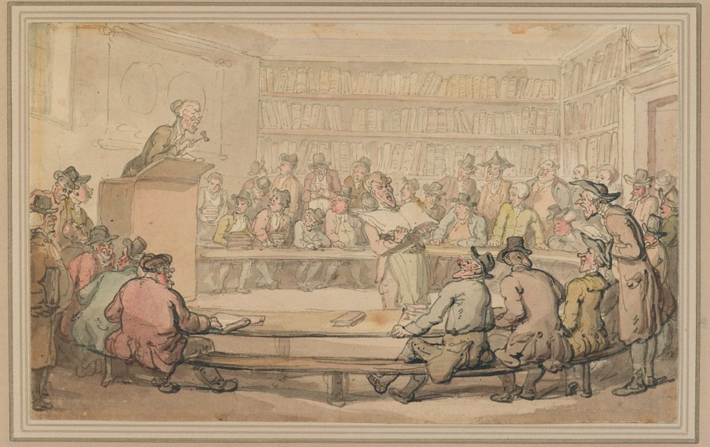 En bogauktion i Sothebys, ca. 1810-15 (pen & blæk og vask på papir) af Thomas Rowlandson