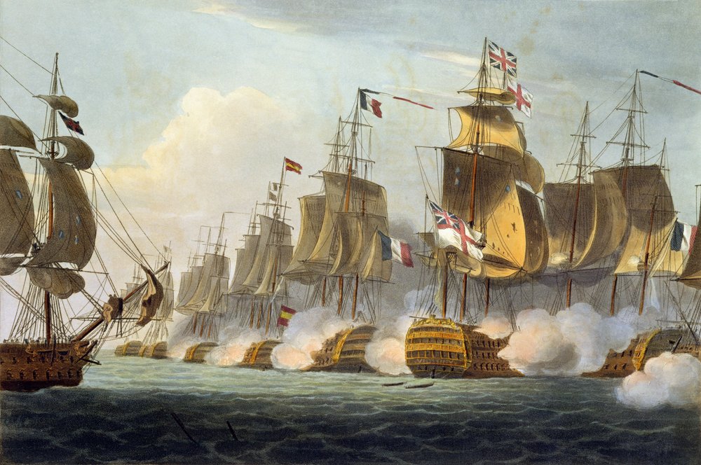 Slaget ved Trafalgar, 21. oktober 1805, fra «The Naval Achievements of Great Britain» af James Jenkins, graveret af Thomas Sutherland (født ca. 1785), udgivet 1816 af Thomas Whitcombe