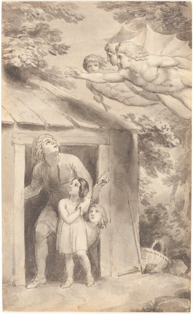 Peter og hans børn besøgt af tre flyvende figurer af Thomas Stothard