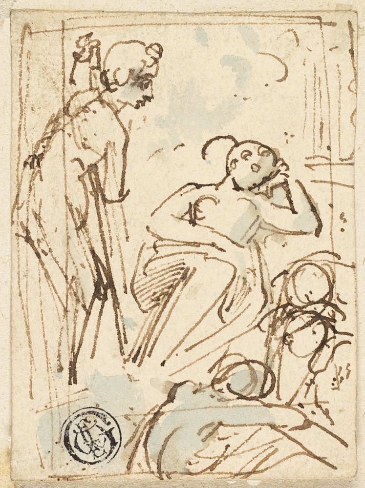 Skitse af mand, der læner sig op ad personalet, ser på sovende kvinde af Thomas Stothard