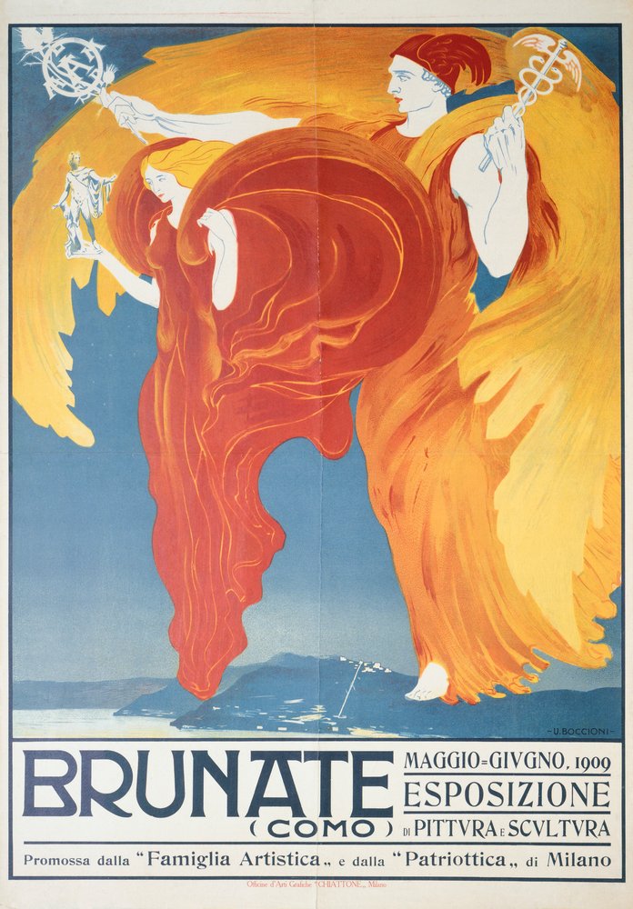 Plakat til udstilling af maleri og skulptur i Brunate af Umberto Boccioni (1882-1916), kromolitografi, 70x50 cm af Umberto Boccioni