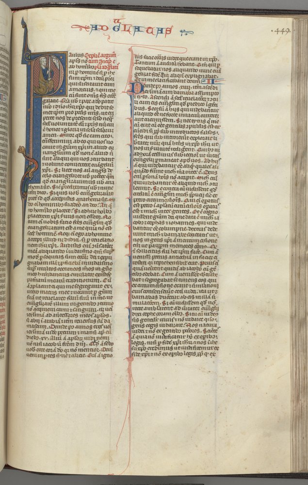 Fol. 449r, Galaterne, historisk initial P, Paulus siddende med et sværd, ca. 1275-1300. af Unbekannt
