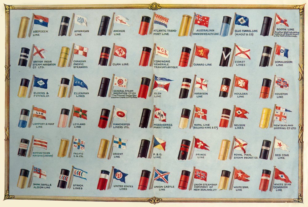 Rederiflag og skorstene på passagerdamperlinjer, ca. 1930 af Unbekannt