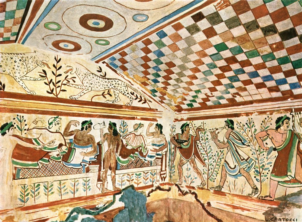 Vægmaleri i Leopardernes grav, Tomba dei Leopardi, i Tarquinia, Italien, 1928 af Unbekannt