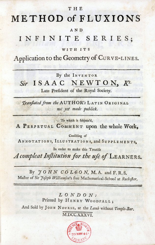 Titelside på 'The method of fluxions and infinite series', af Isaac Newton's (1642-1727), udgivet i London i 1736, omfattende de vigtigste teorier, som har haft betydelig indflydelse på videnskaberne: binomialsætningen, de tre universelle love i m. af Unbekannt
