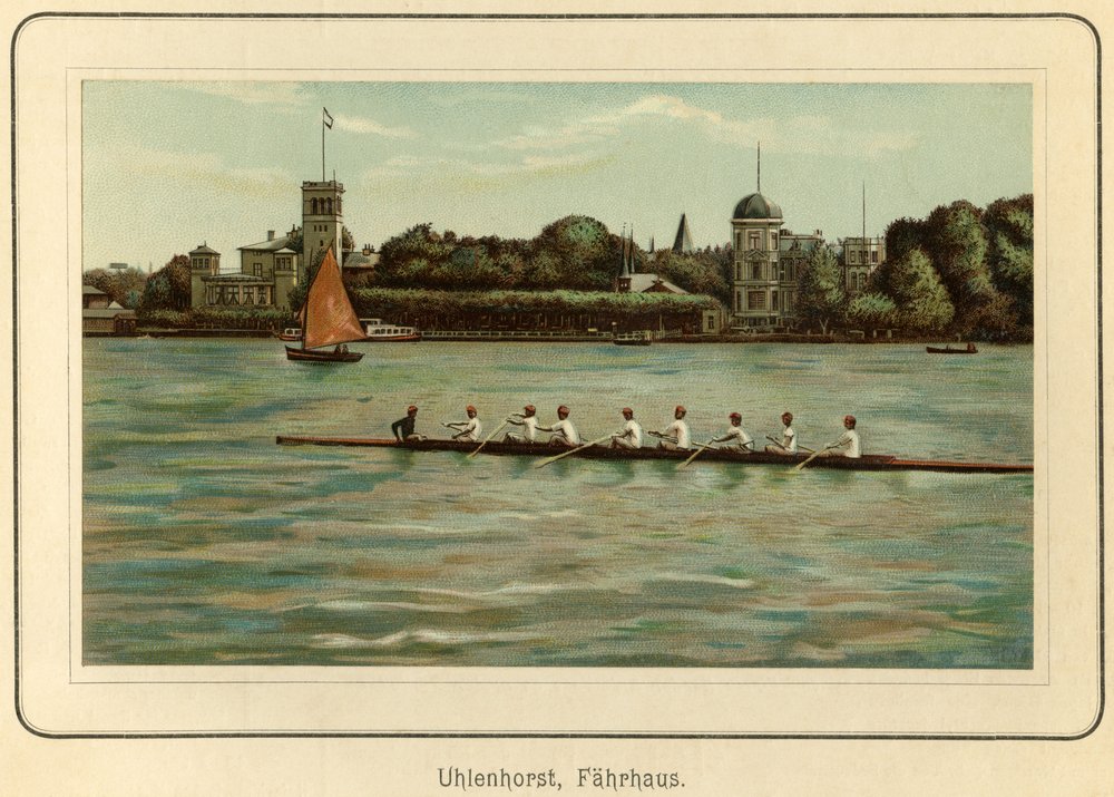 Tyskland, Hamborg, Uhlenhorst færgehus nær Alster-søen, illustration fra : "Ansichten-Album Hamburg" (udsigter fra Hamborg), udgivet af C. Schneider, Berlin NW ca. 1890 (litografi) af Unbekannter Künstler