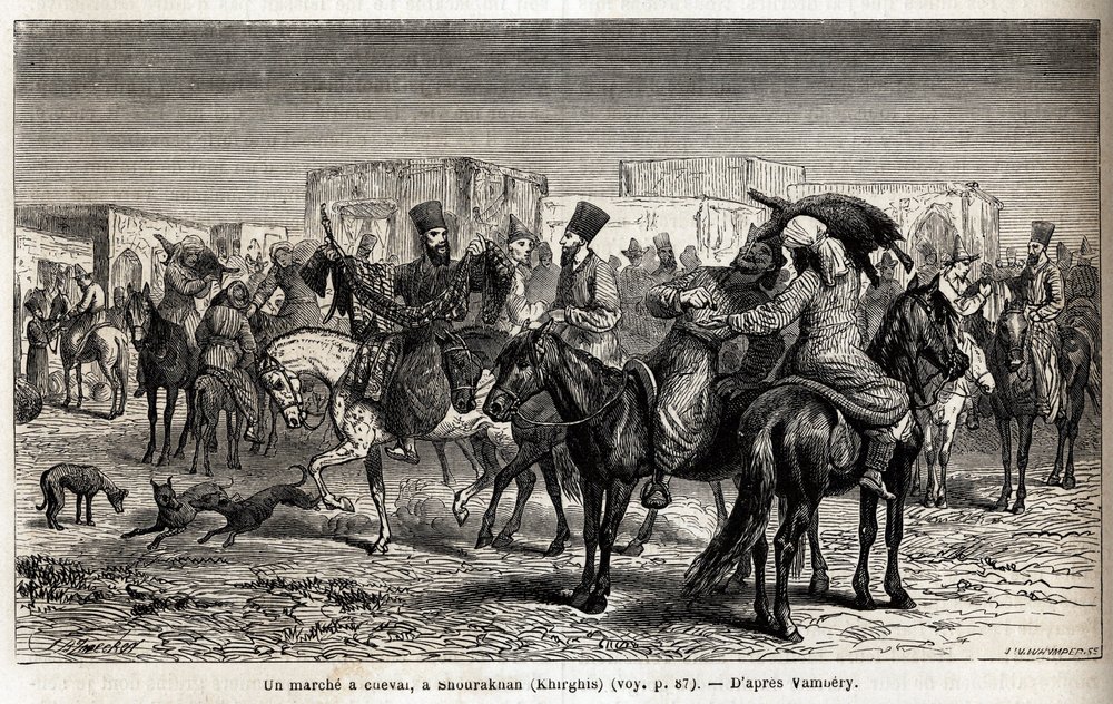 En hestetur i Shurakhan (Kirgisistan eller Kirgisistan). Tegning af Emile Bayard (1837-1891), for at illustrere rejsen til Centralasien, i 1863, af Arminius Vambery (ungarsk videnskabsmand forklædt i dervish). Indgravering i "" Le tour du monde"", redigere af Unknown artist