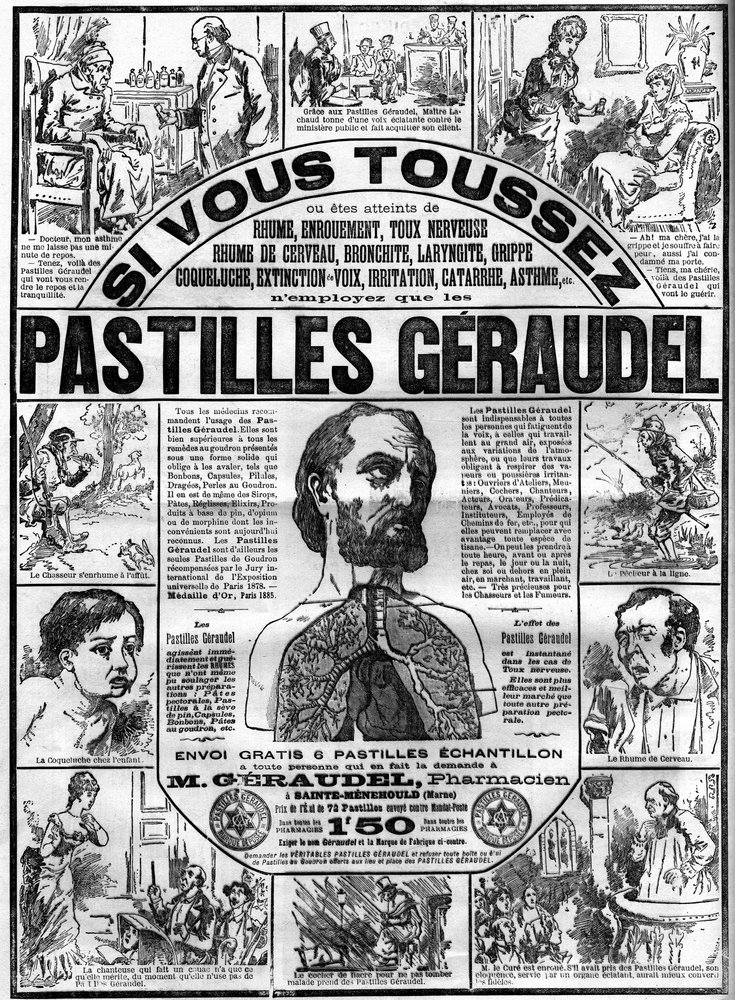Reklame for Geraudel-tabletter af farmaceut Arthur Geraudel (1841-1906) en Sainte-Menehould (Sainte Menehould) mod hoste. Gravering i "" Le monde illustrious"" af Unknown artist