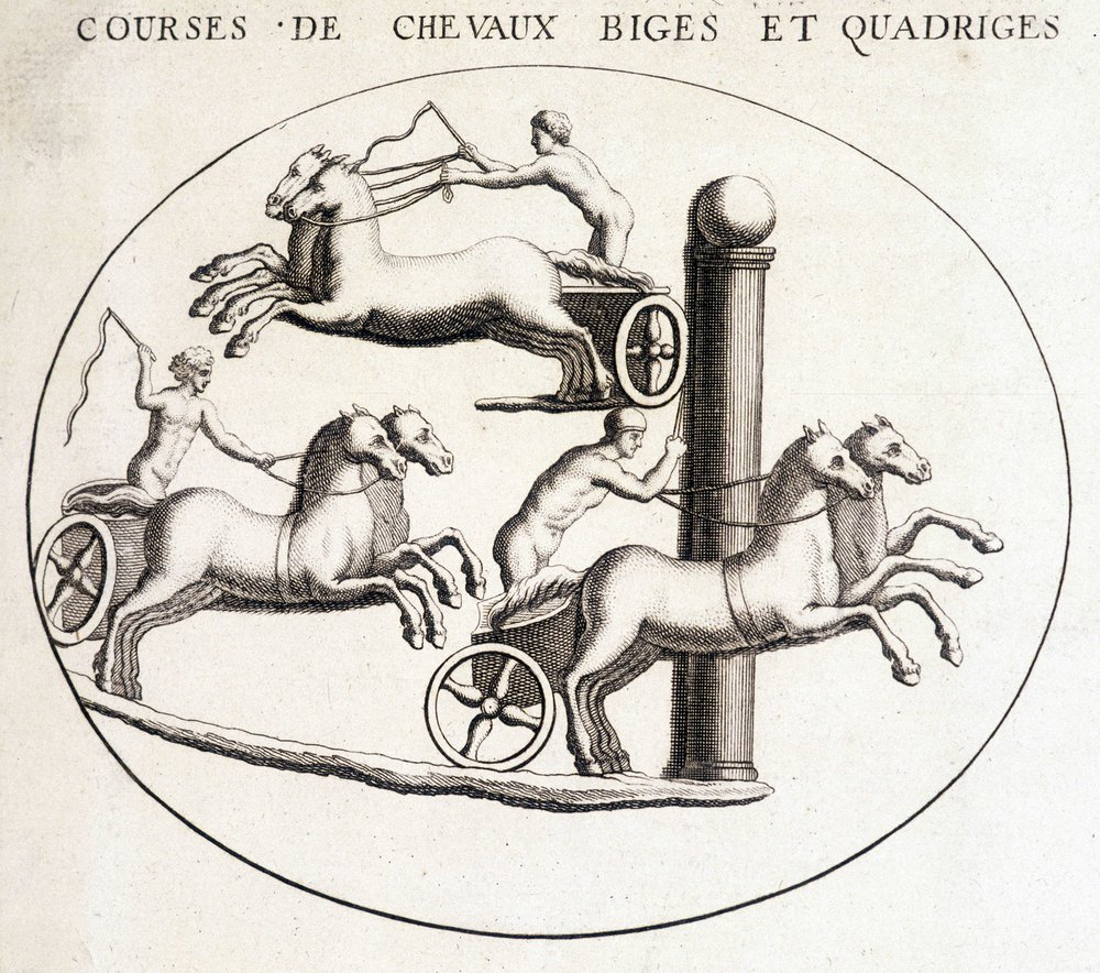 Biges og quadriges hestevæddeløb. 1800-tals gravering. af Unknown artist