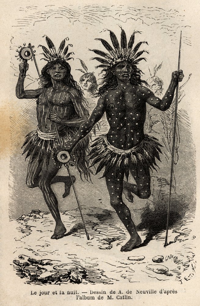 Dag og nat, malerier på kroppen af danserne fra den religiøse ceremoni og forsoning, henrettet af høvdingene og hans ledsagere blandt Mandans-indianerne (eller noumah ka kie: fasaner), på venstre bred af Missouri. Gravering for at illustrere en udflugt af Unknown artist