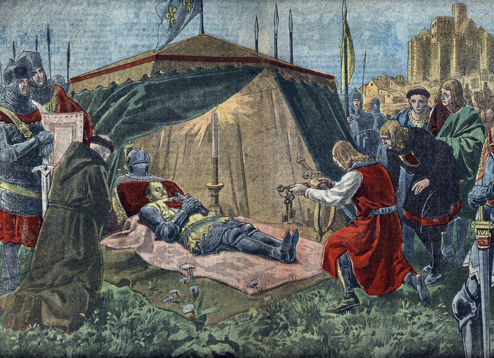 Hundredårskrigen: "La mort de Bernard du Guesclin (1320-1380) devant Chateauneuf de Randon le 13/07/1380" - Duguesclins død (under belejringen af Chateauneuf-de-Randon den 13. juli 1380) - Illutration fra "Le pelerin" 7. august 1921 Private af Unknown Artist