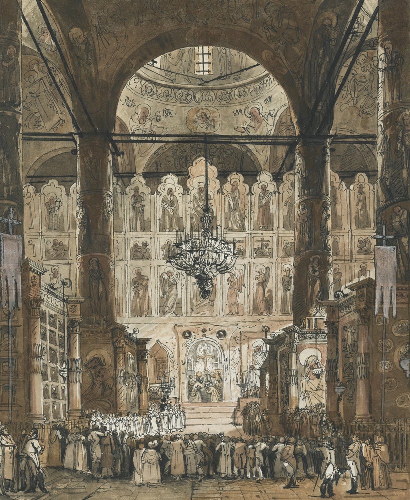 ""Messe ved Dormition-katedralen i Moskva Kreml, Rusland"" (Messe ved Dormition-katedralen i Moskva Kreml) Anonym gouache omkring 1850 Privat samling af Unknown artist