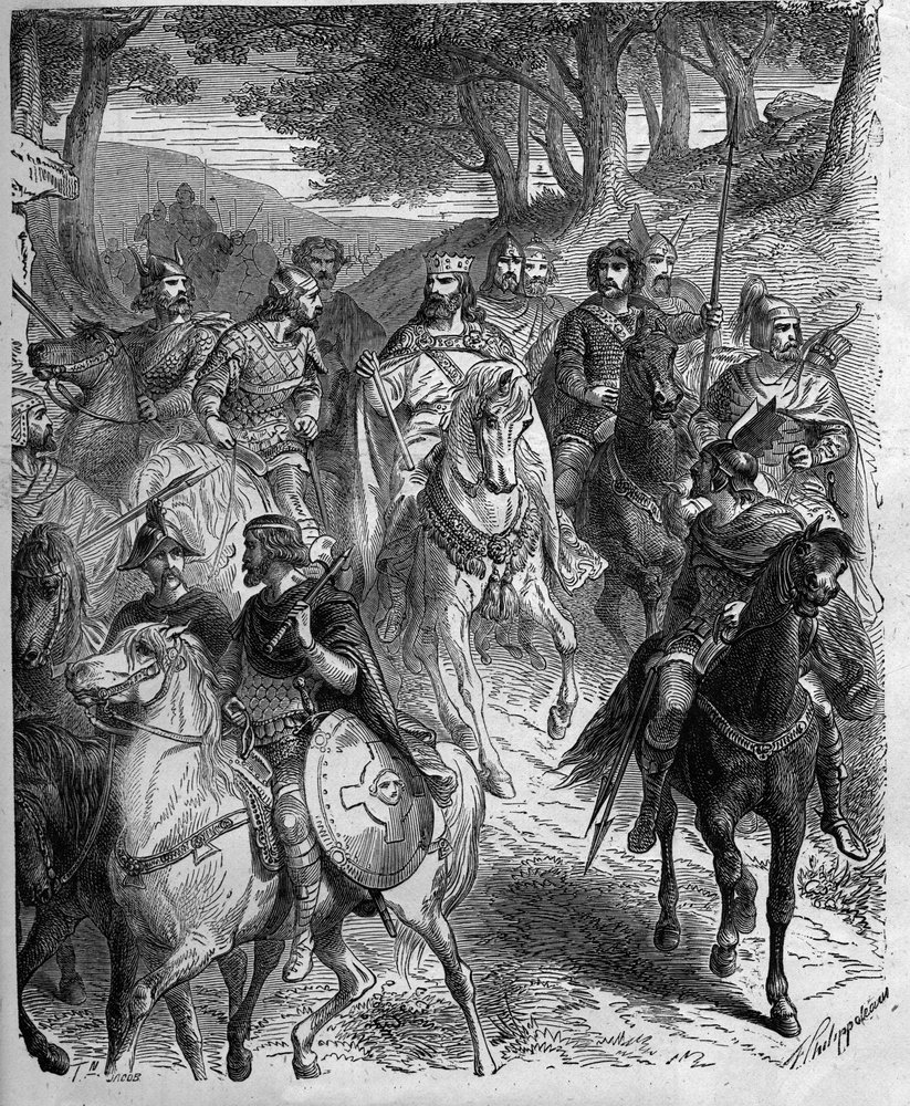 Passage af Alperne af Charlemagne (747-814), kongen af francs. Karl den Store underkaster sig langobarderne. Indgravering i "" Histoire De France En Cent malerier af Paul Lehugeur "" 1891. af Unknown artist