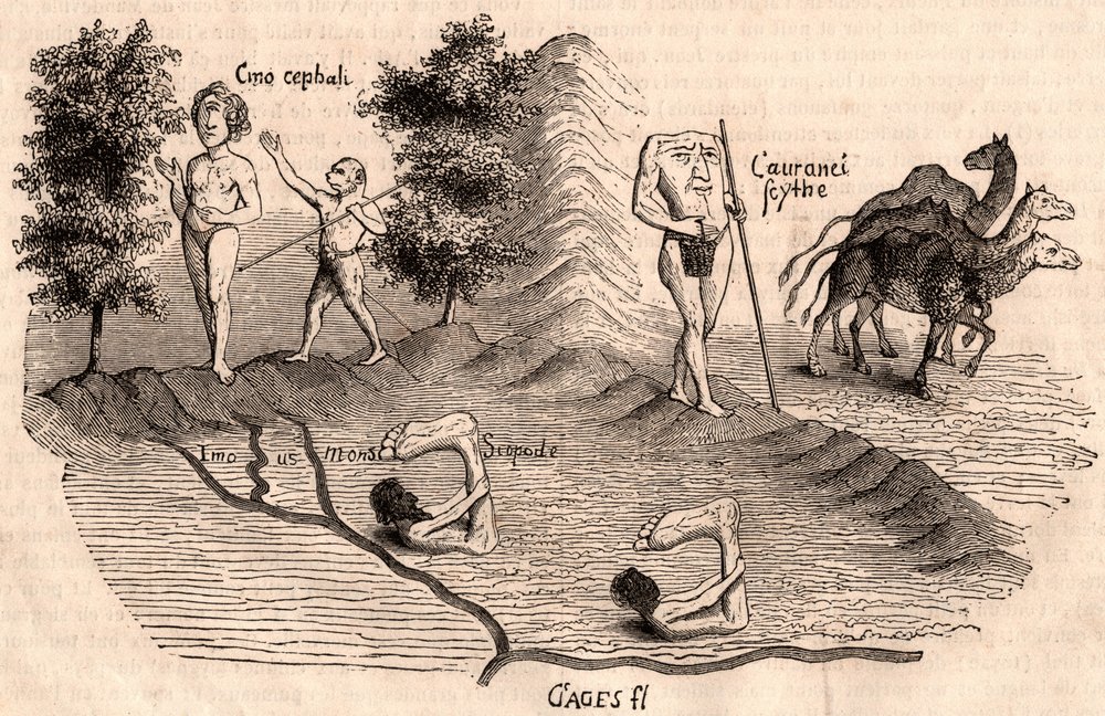 Repræsentation af middelalderstammer og dyrearter: Monocules, Blemmys, Sciopodes og kameler af Unknown artist