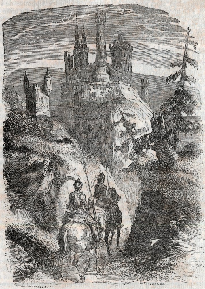 Roger (Ruggero, Ruggiero) og Richardet ser slottet Aigremont - gravering fra 1851 fra "" Roland furieux"" (1500-tallet) af Ludovico Ariosto, kendt som Ariosta - Udgave oversat fra italiensk af greven af ​​Tressan og publ. af Unknown artist