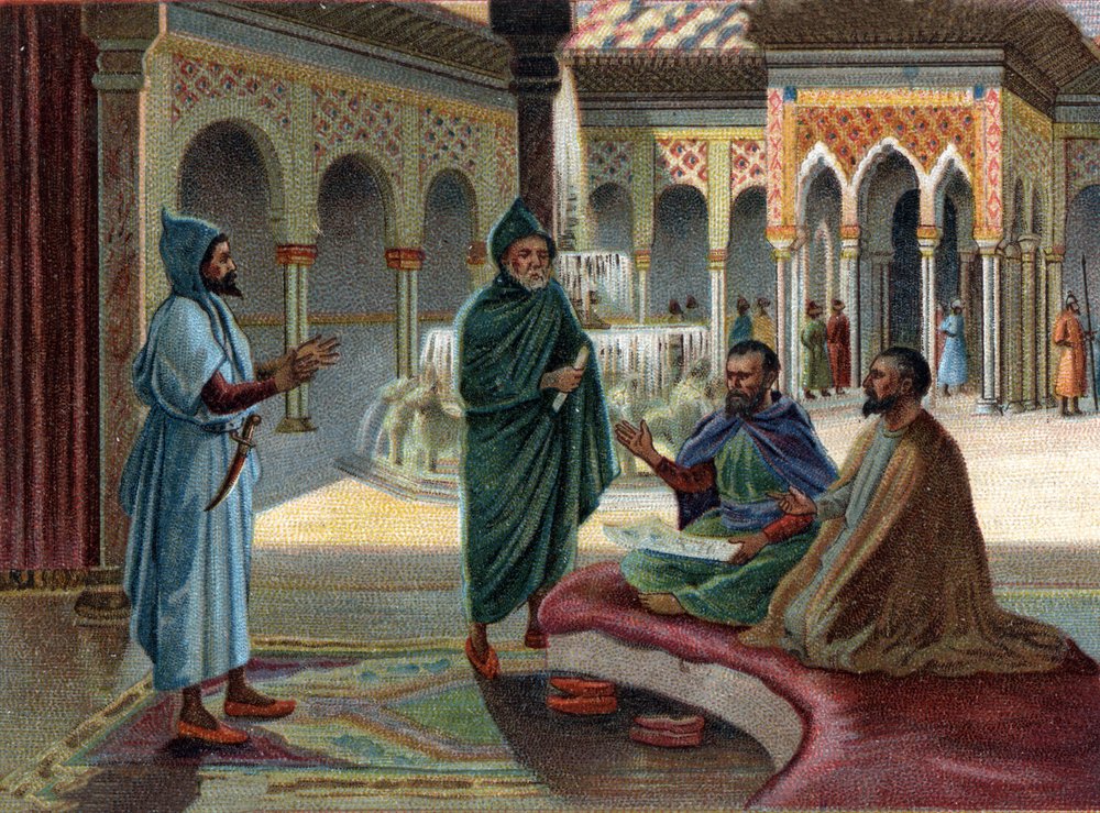 Scener fra forsvundne kongeriger: Maurisk råd (maurisk, betegnelse for arabere, der besatte en del af Spanien) i Alhambra-paladset i Granada. Granada er den sidste mauriske stat, som ophørte i 1482. Kromolitografi fra det 19. århundrede. af Unknown artist