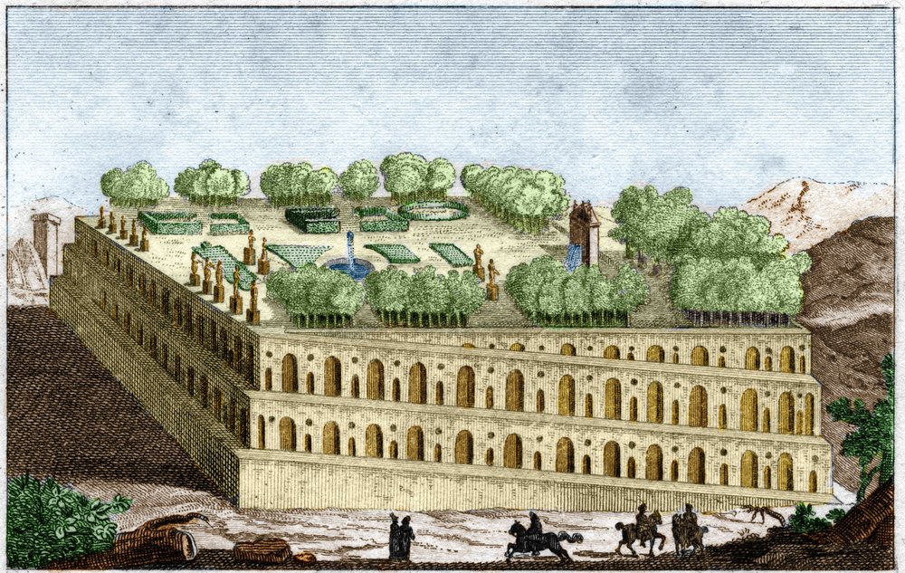 Den legendariske dronning Semiramis' hængende haver i Babylon, et af verdens syv underværker. Gravering fra 1829 i »Oldtidens historie« af Rollin. af Unknown artist