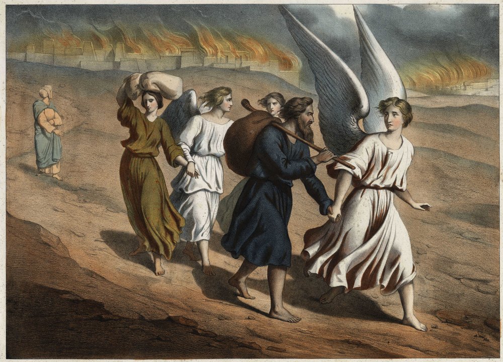 To engle leder Lot og hans døtre, som må forlade byen Sodoma, der ligesom Gomorra ødelægges af Gud. Lots hustru, som vender tilbage til byen trods forbuddet, vil forstenes som en saltstøtte. Anonym gravering fra midten af af Unknown artist
