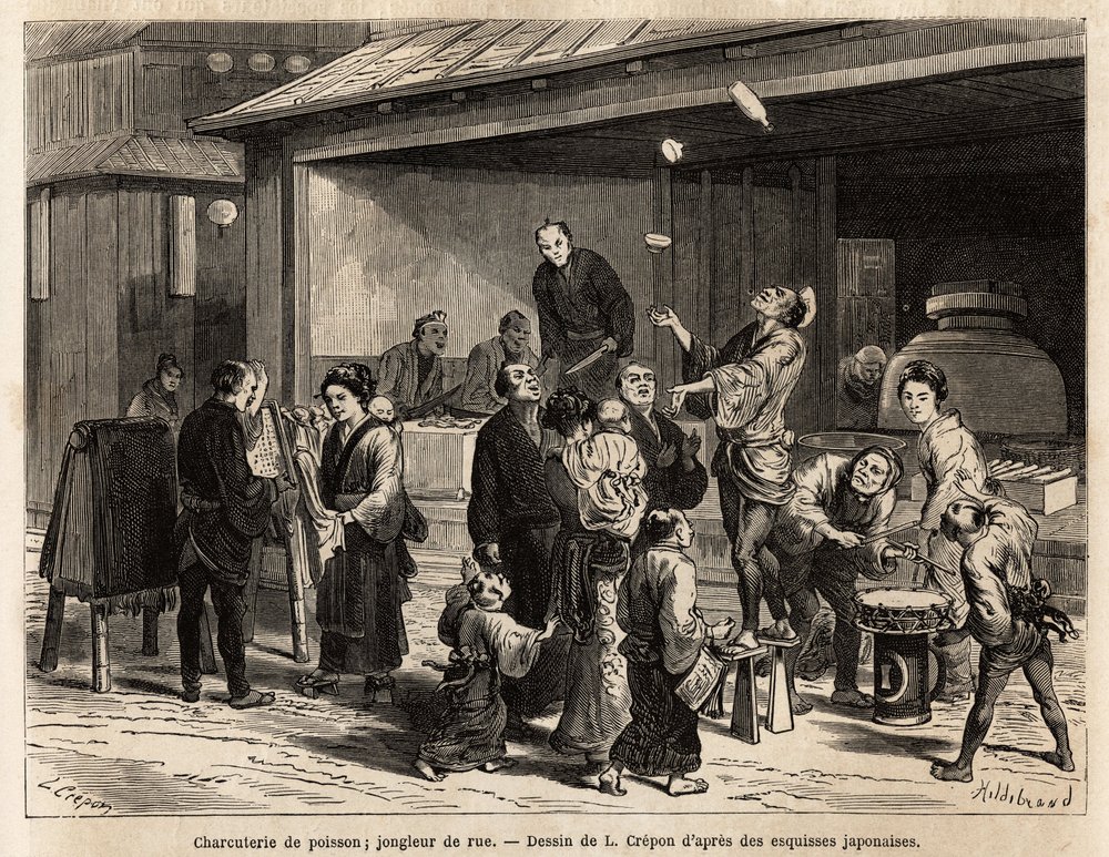 En livlig scene i en gade i Edo (Tokyo), med en rejsende jonglør foran en fiskedeli og en billig kludsælger. Gravering til illustration af rejsen til Japan af Aime Humbert, minister for Det Schweiziske Forbund, i 1863-1864, udgivet i "" le to af Unknown artist