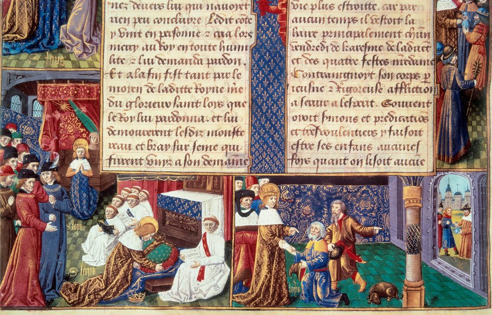 De kristne dyder (såsom fromhed og hengivenhed) hos kong Ludvig IX (1214-1270) (Saint Louis): til venstre omfavner kongen krucifikset, til højre modtager han Det Gamle Bjerg. Miniature fra et manuskript "The Book of Facts Monsignor Saint Louis"" 15t af Unknown artist