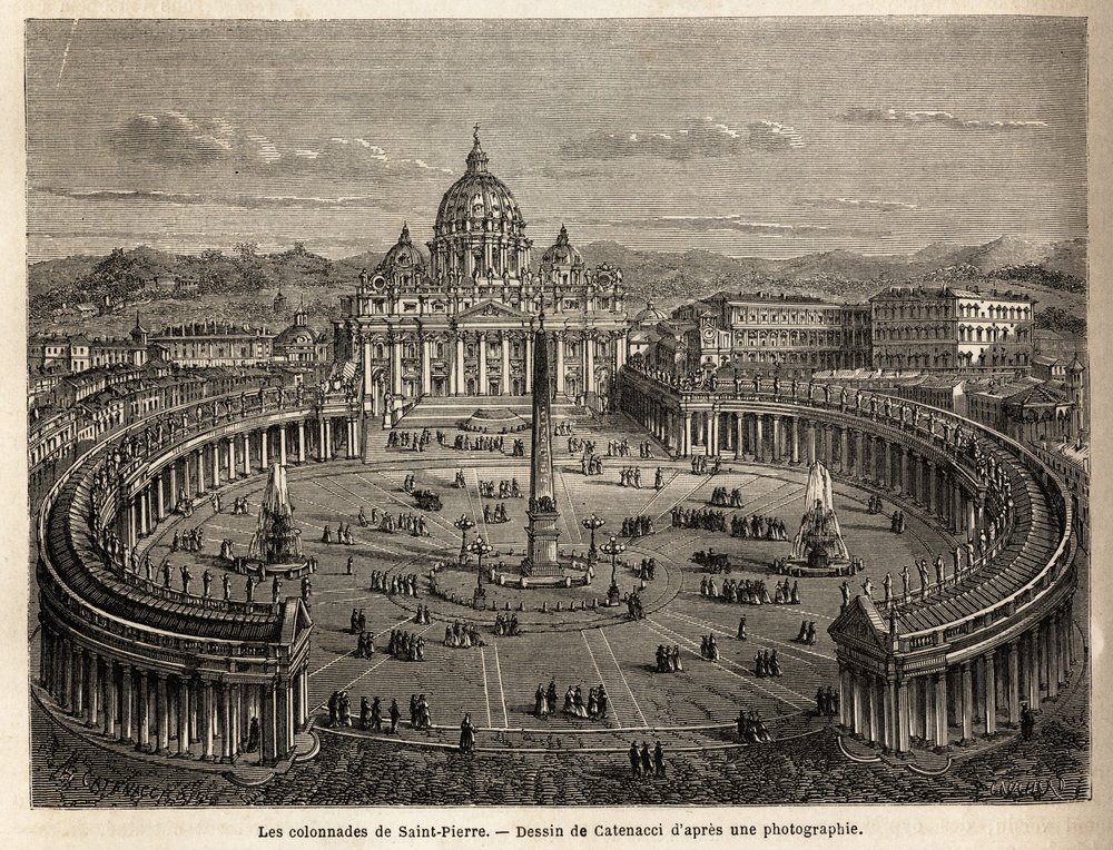 St. Peters søjlegange i Vatikanet, bragt af Bernini (1598-1680) i 1655, på et elliptisk plan, som blev et almindeligt sted for barok- og rokokoarkitektur. Gravering til illustration af rejsen til Rom, af Francis Wey, i 1864-1868, udgiver af Unknown artist